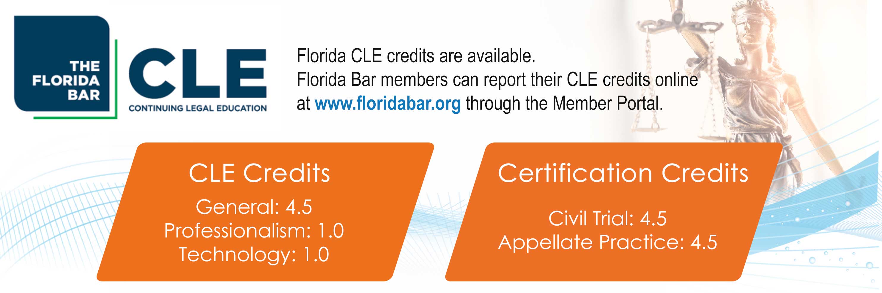 The Florida Bar Continuing Legal Education. CLE Credits — General: 4.5, Professionalism: 1.0, Technology: 1.0. Certification Credits — Civil Trial: 4.5, Appellate Practice: 4.5.